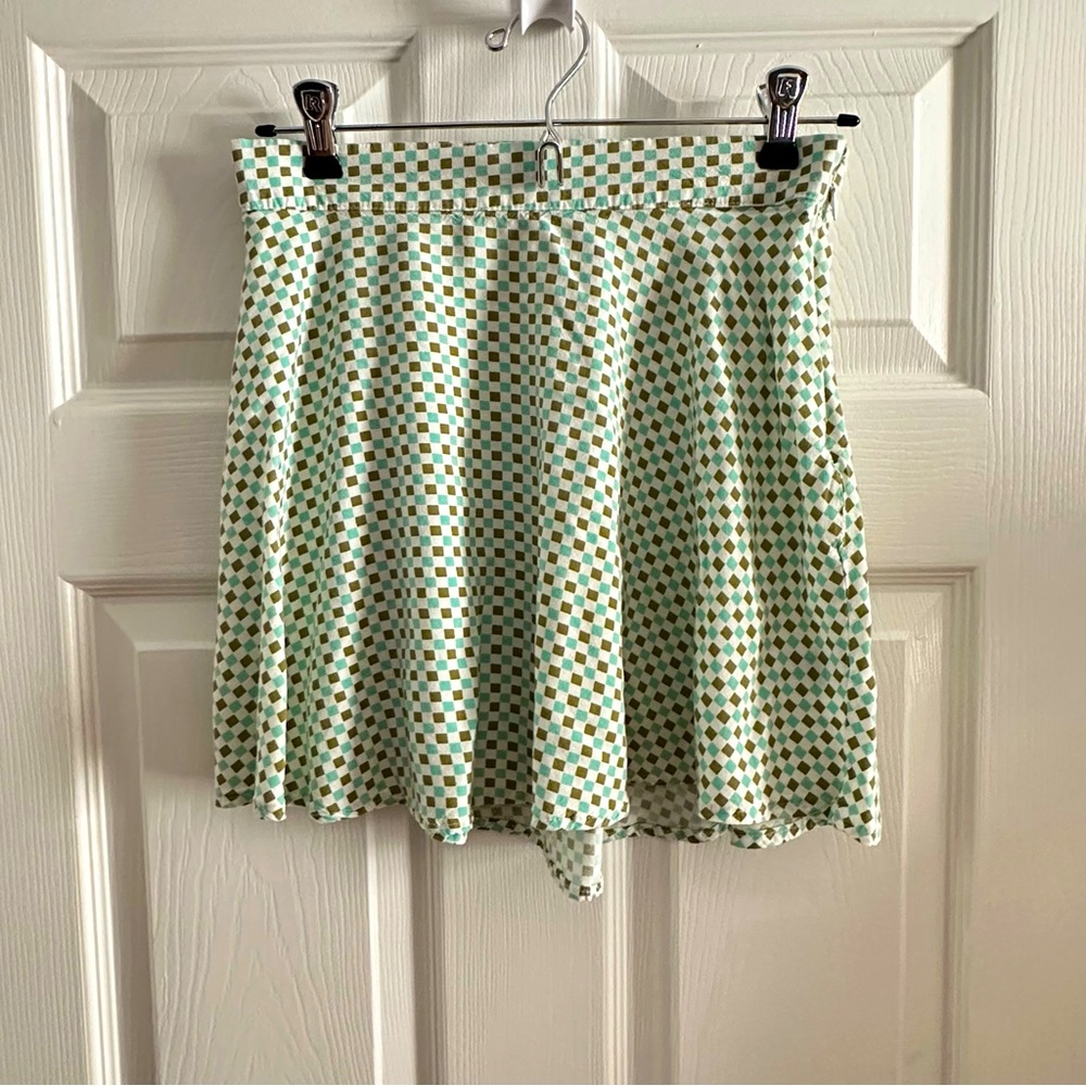 SO Clothing Women Mini Skirt Small Blue Green Geometric Rayon